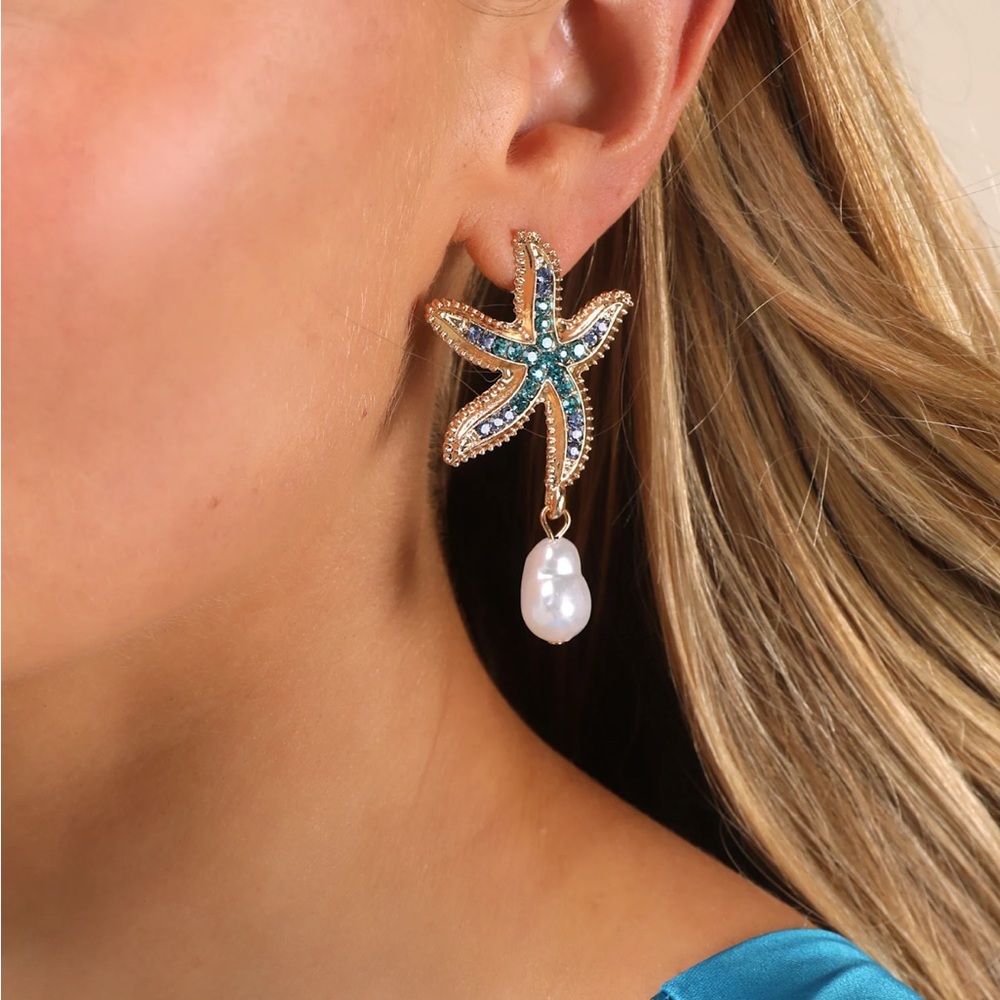 Gold Starfish Earrings with Pearl Drop